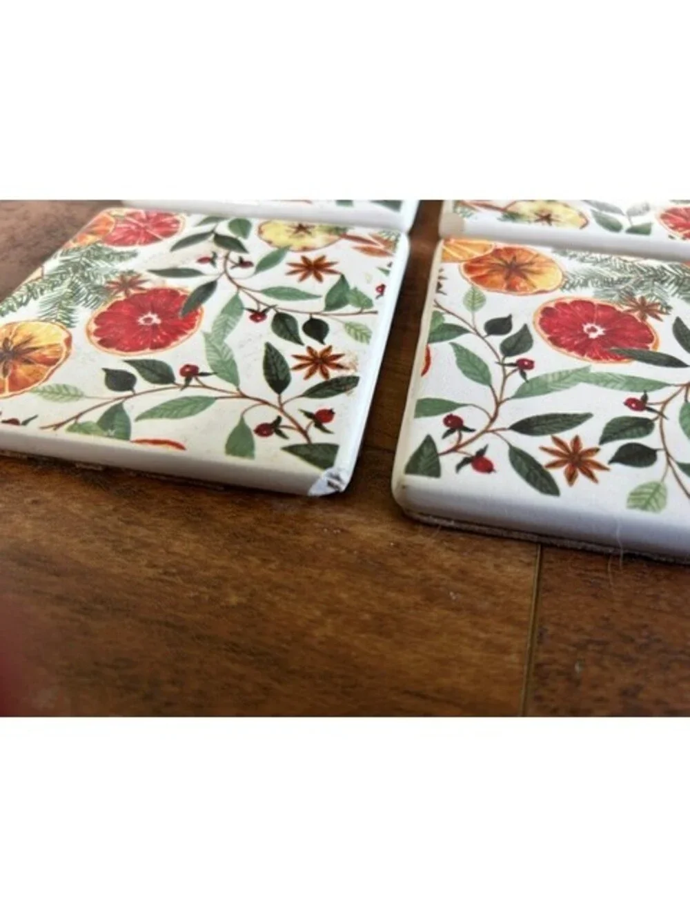 Set of 4 Ceramic Coasters with Citrus and Botanical Design
